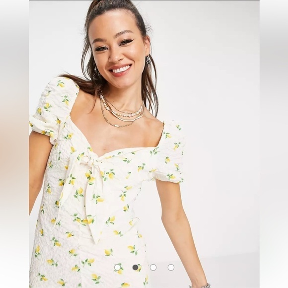 New! Topshop ruched front lemon mini dress textured cloth multi 28284 - Picture 4 of 14